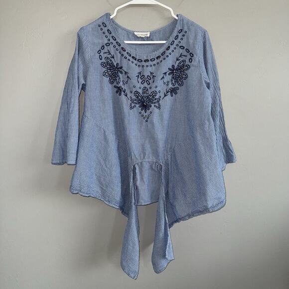 Sky and Sand Womens Tie Front Tunic Blouse Size M 3/4 Sleeve Embroidered Blue - Picture 7 of 7